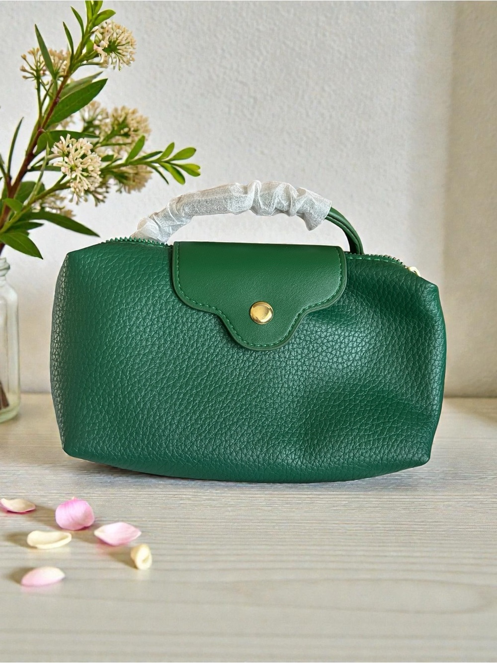 Structured Green Pebbled Mini Top-Handle Bag
